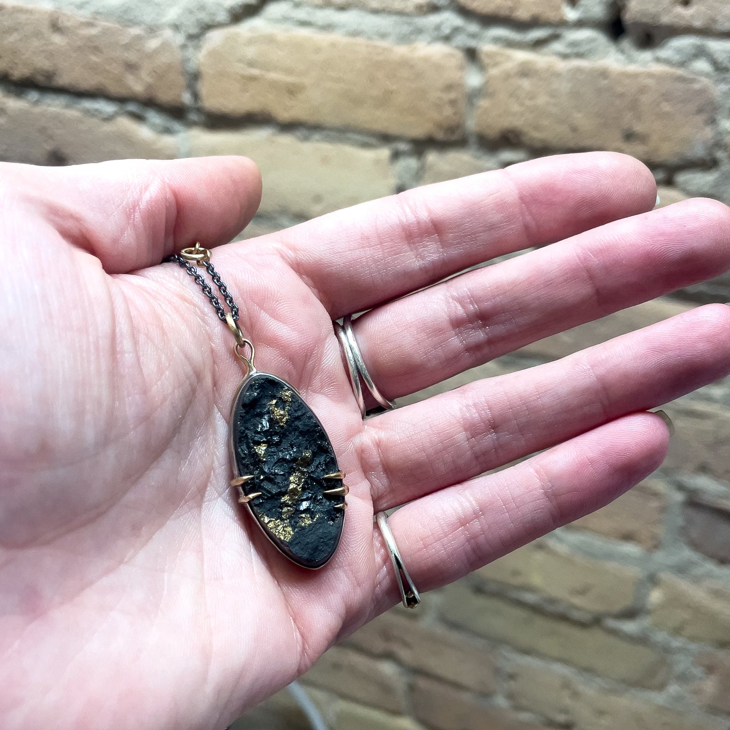 Pyrite in Schist necklace with 14k gold and sterling silver