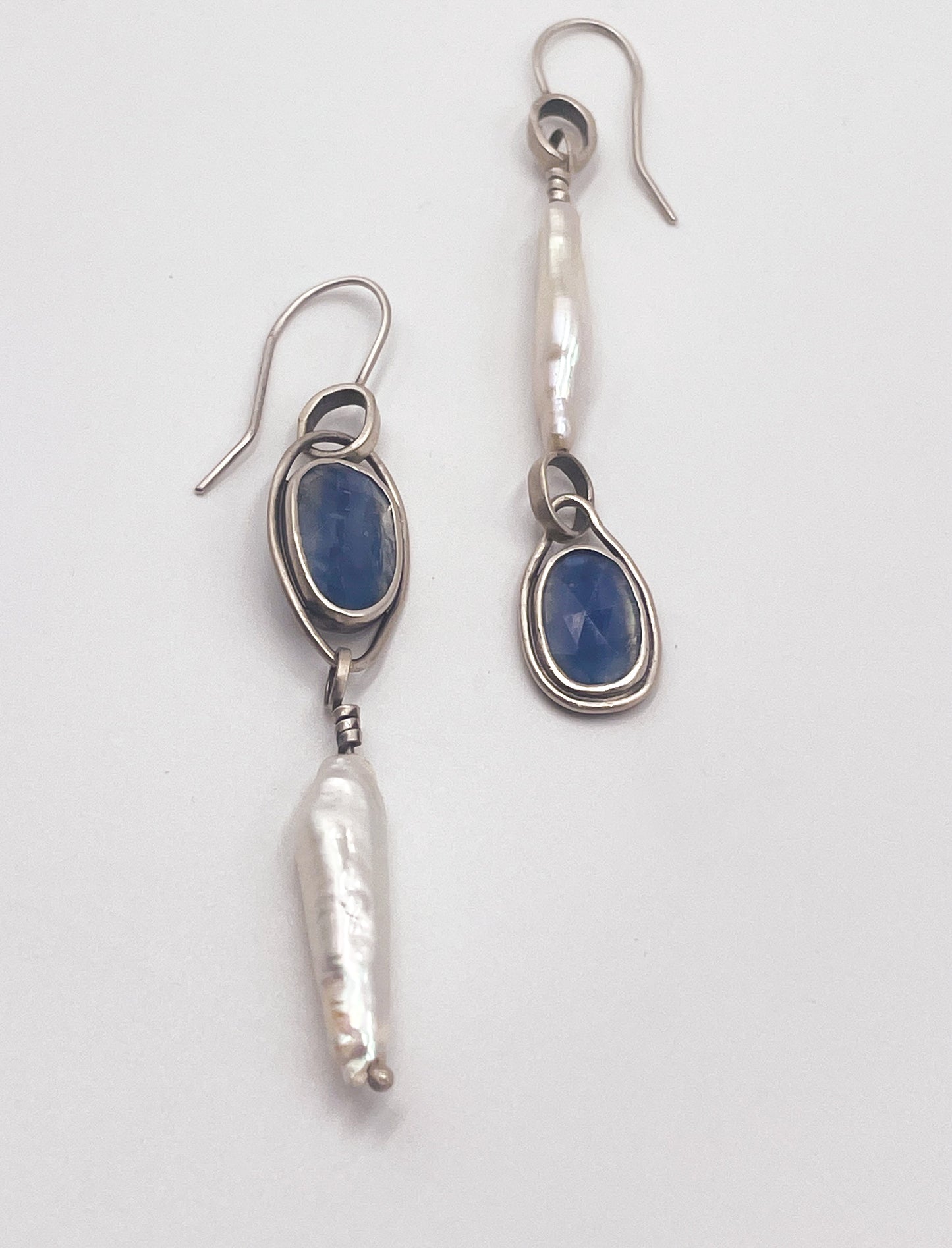 Kyanite and Pearl Asymmetrical Earrings