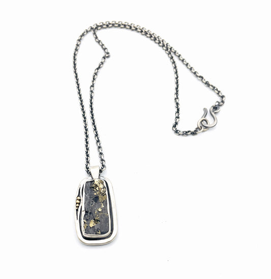 Pyrite in schist sterling silver necklace with 14k yellow gold detail