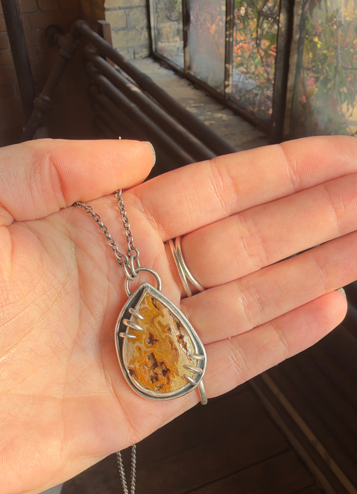 Petrified Wood with Druzy Pocket Pendant Necklace