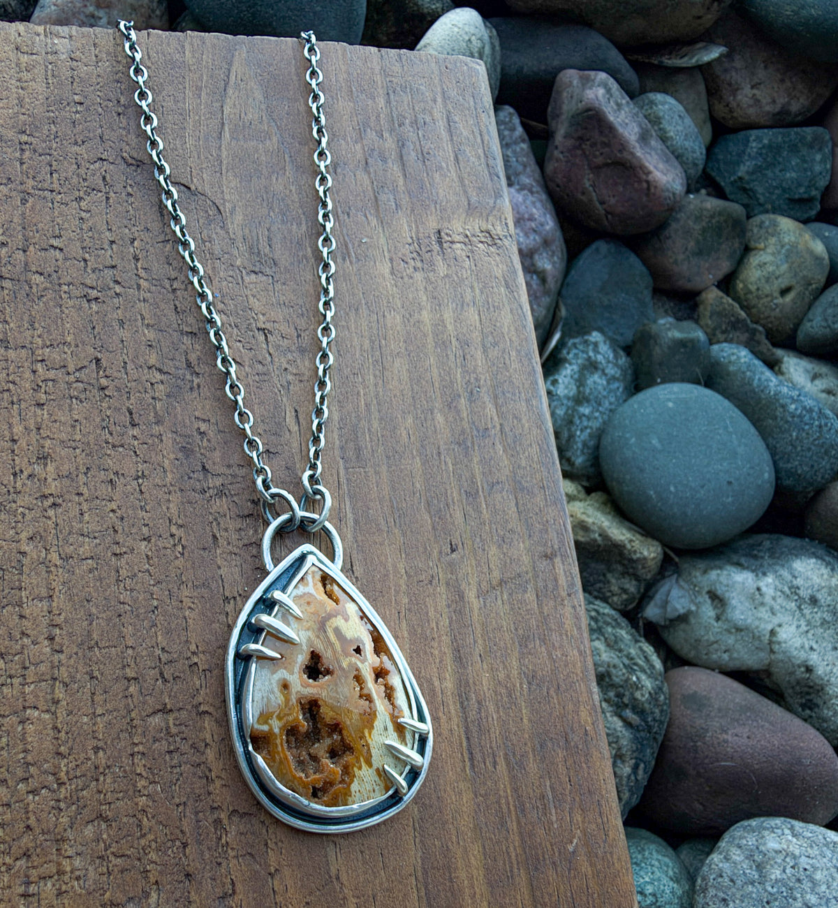 Petrified Wood with Druzy Pocket Pendant Necklace