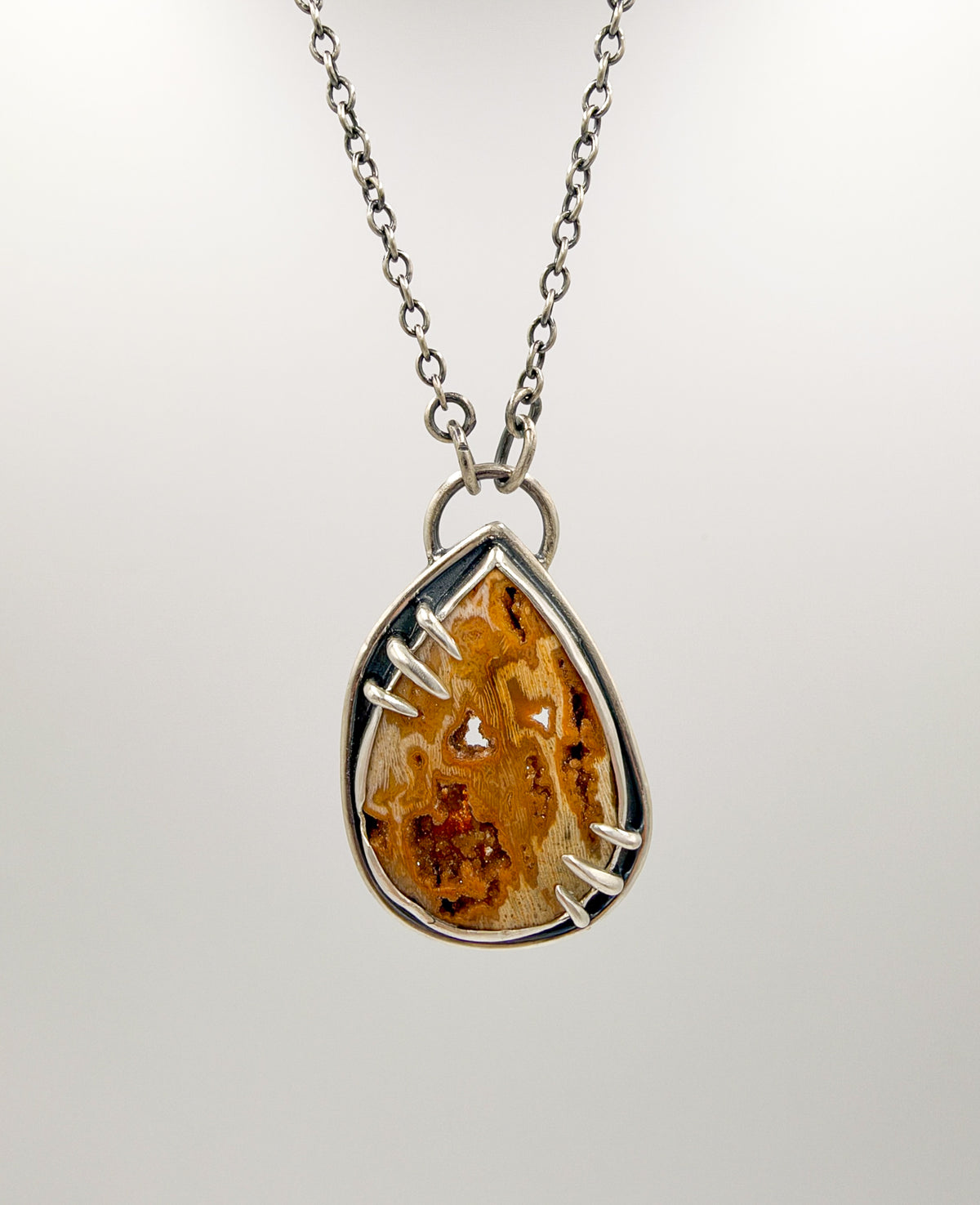 Petrified Wood with Druzy Pocket Pendant Necklace