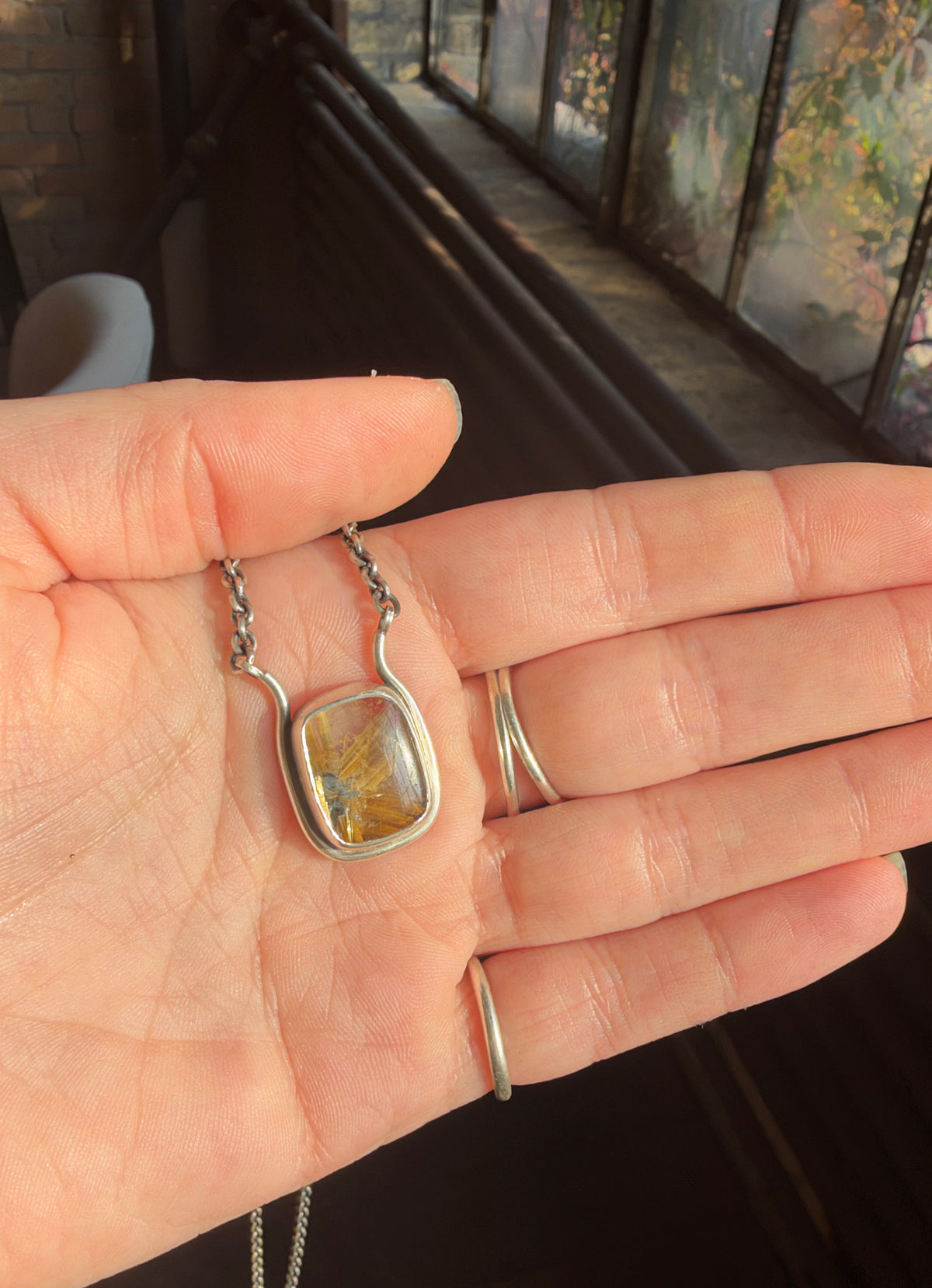 Gold Rutilated Quartz with Hematite Necklace