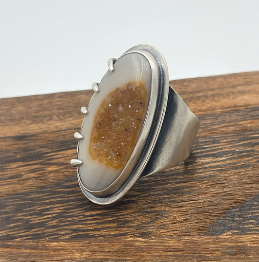 Brazilian Agate with Druzy and Sterling Silver Ring Size 9