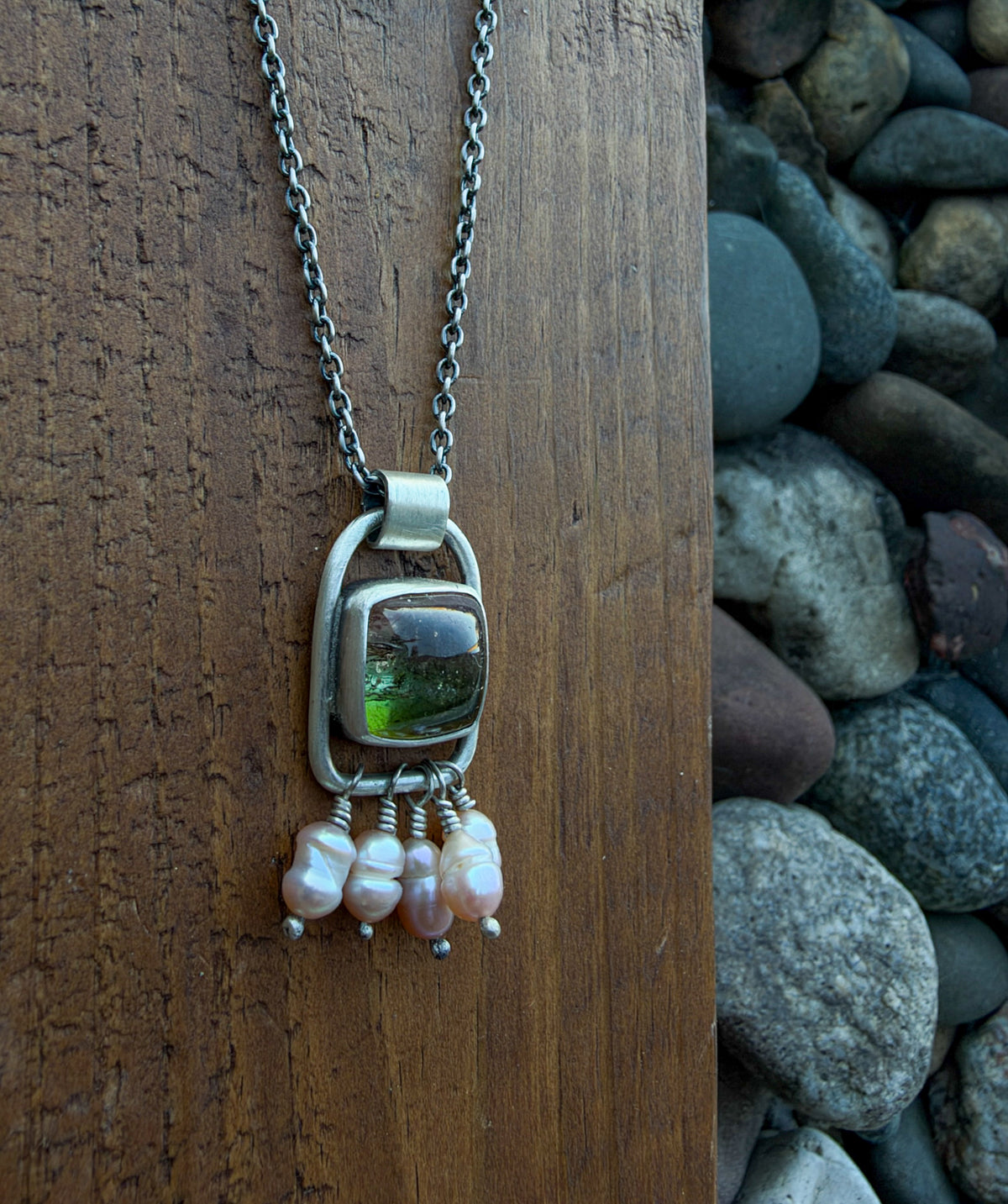 Watermelon Tourmaline and Pearl Necklace