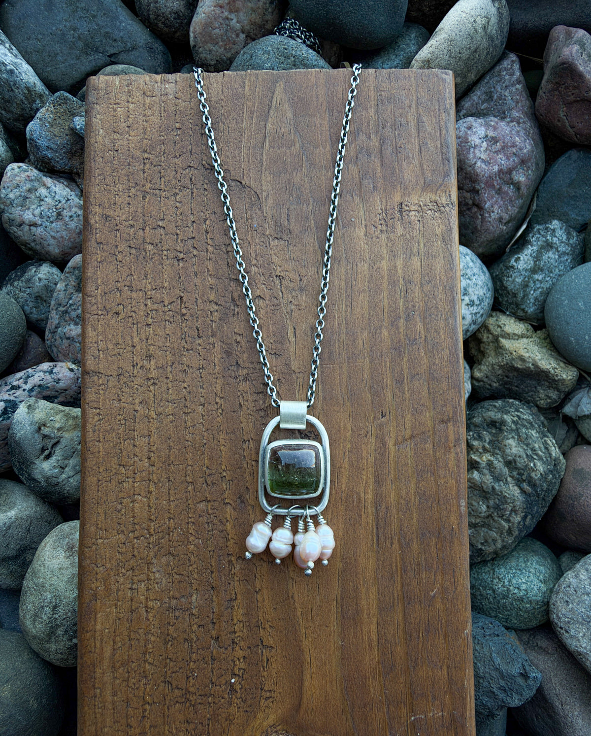 Watermelon Tourmaline and Pearl Necklace