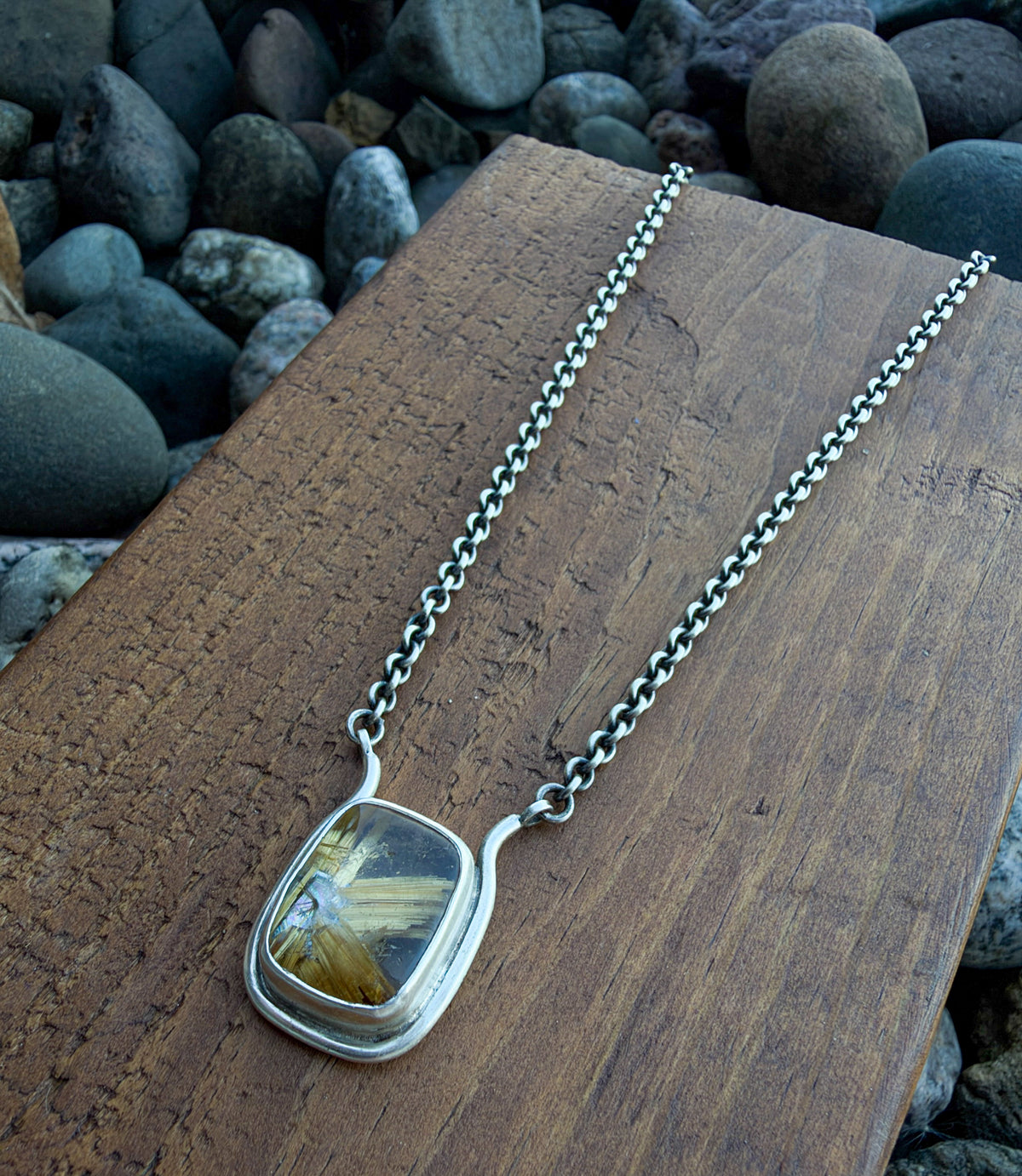 Gold Rutilated Quartz with Hematite Necklace