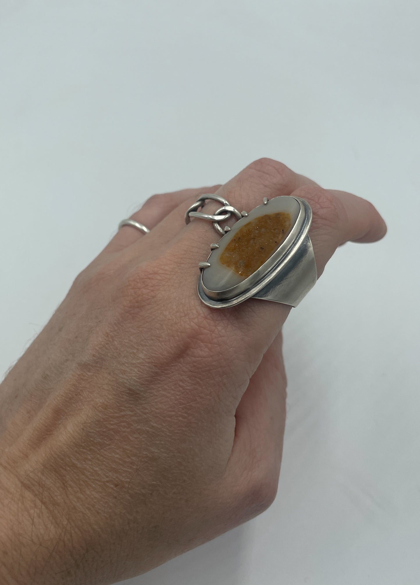 Brazilian Agate with Druzy and Sterling Silver Ring Size 9