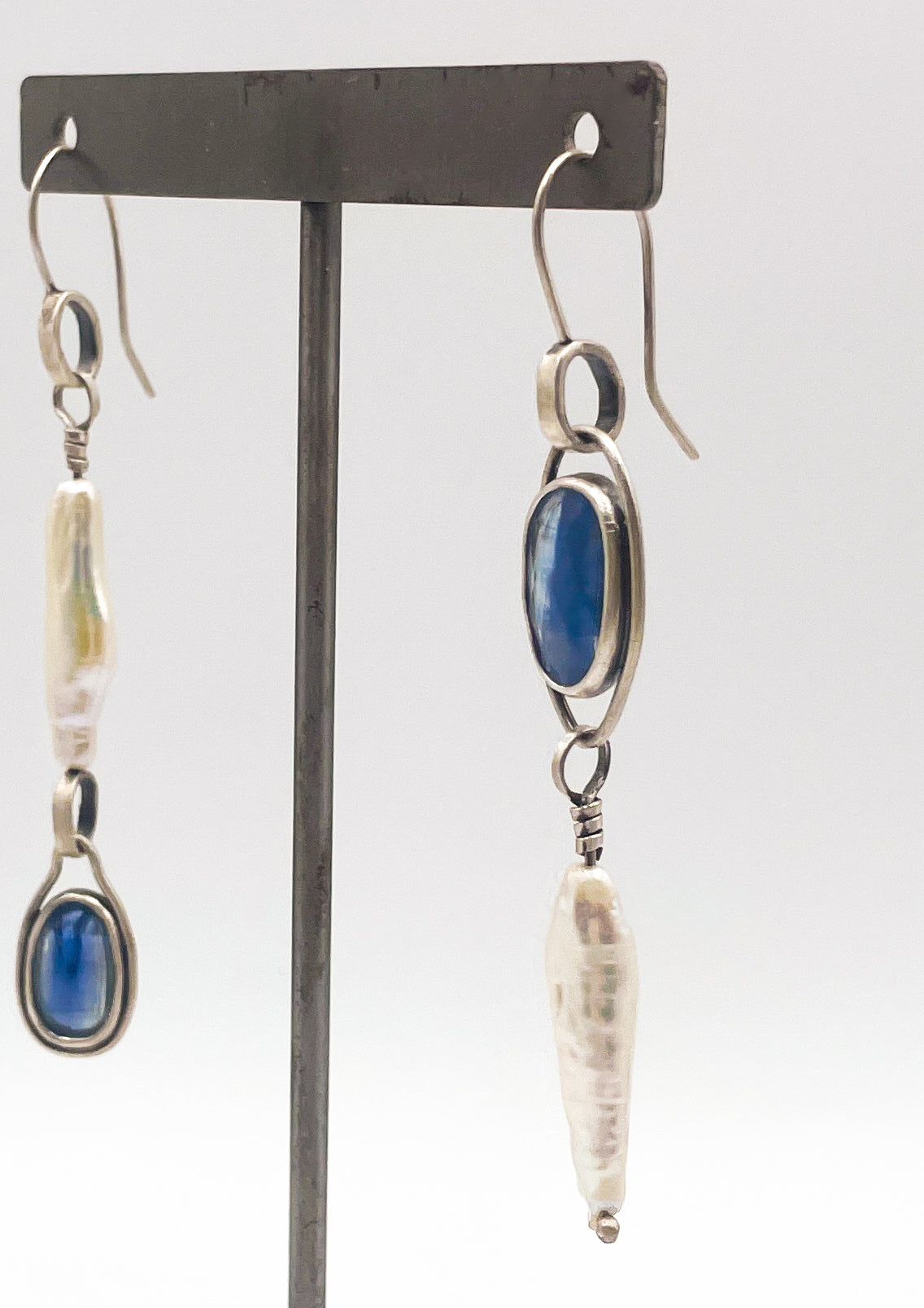 Kyanite and Pearl Asymmetrical Earrings