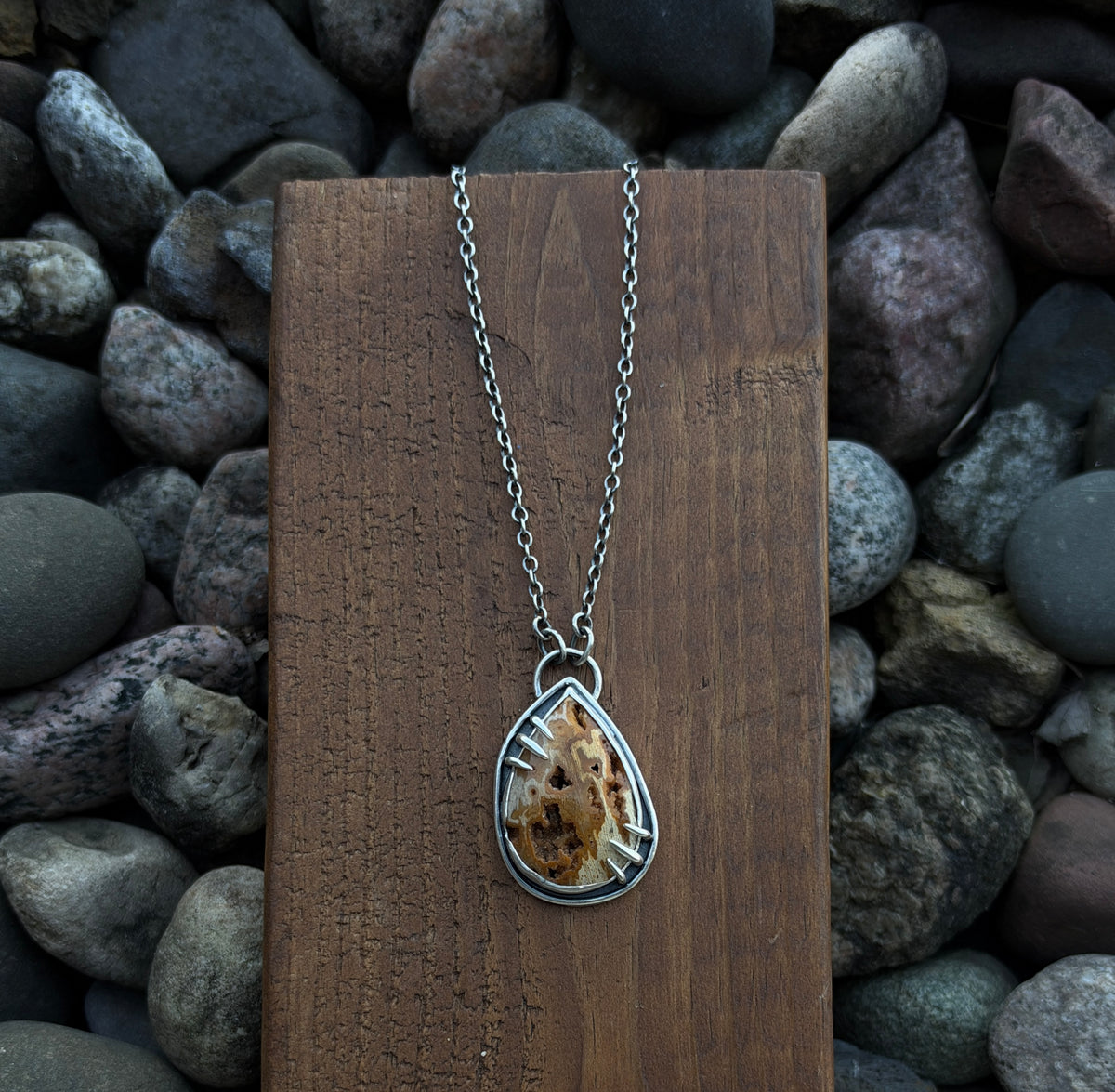 Petrified Wood with Druzy Pocket Pendant Necklace
