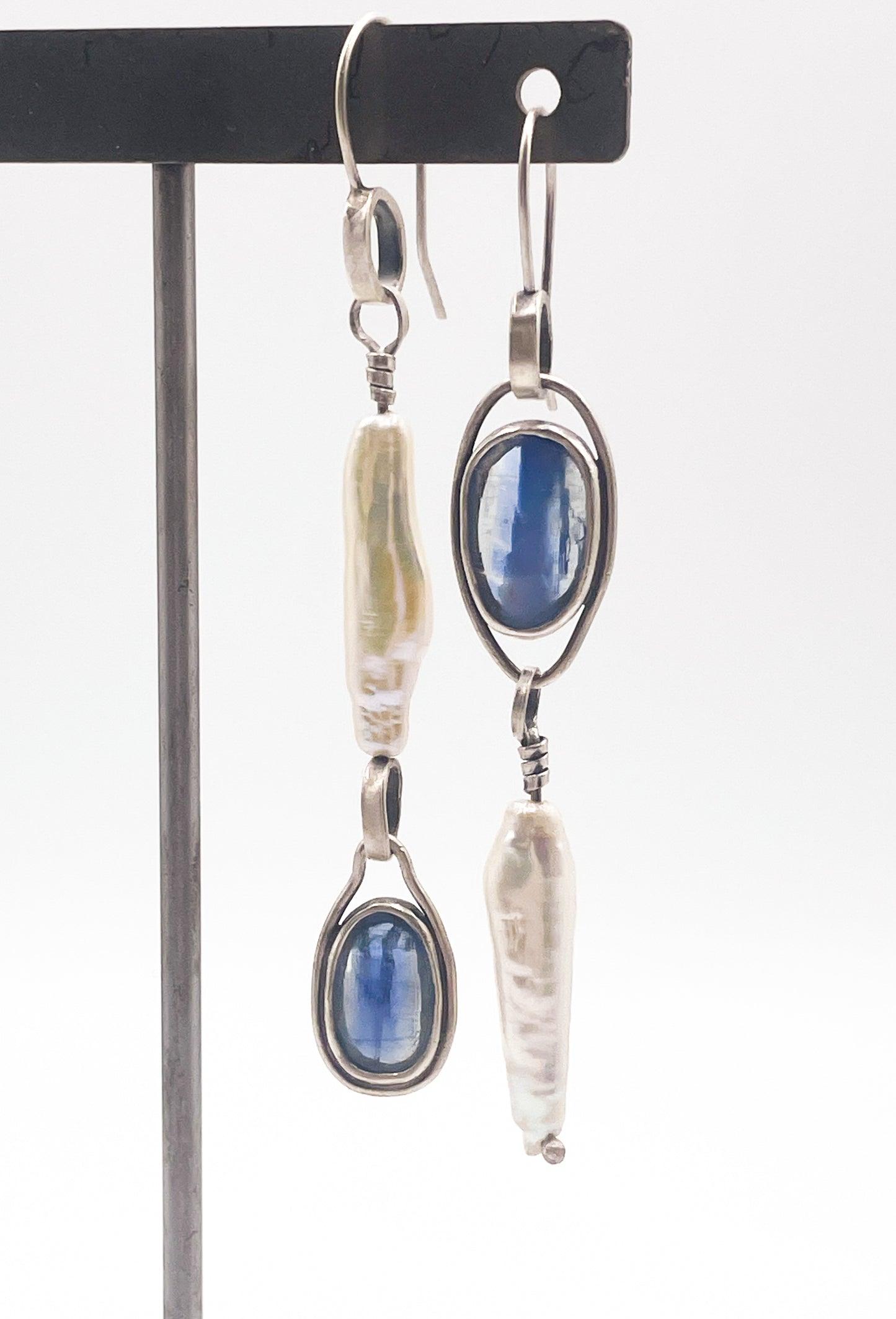 Kyanite and Pearl Asymmetrical Earrings