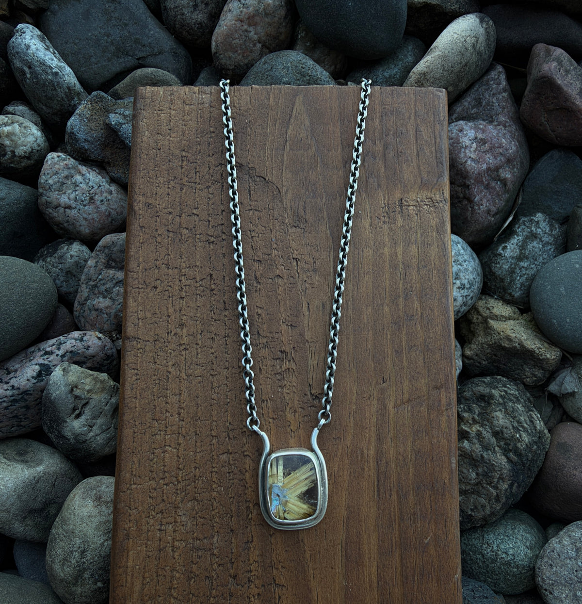 Gold Rutilated Quartz with Hematite Necklace