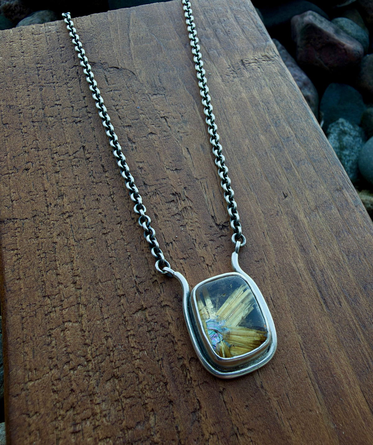 Gold Rutilated Quartz with Hematite Necklace